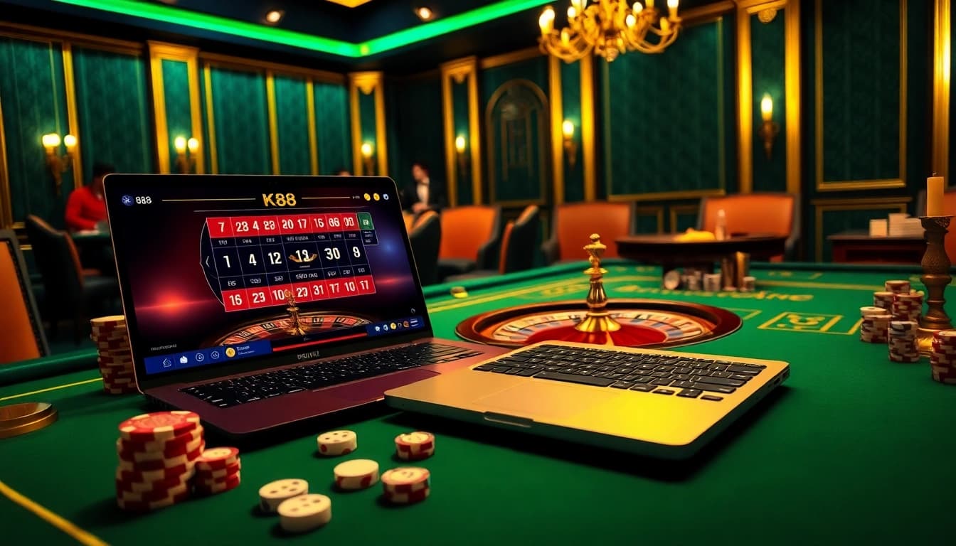 Experience thrilling gameplay on K88 with vibrant casino visuals featuring poker chips and roulette.