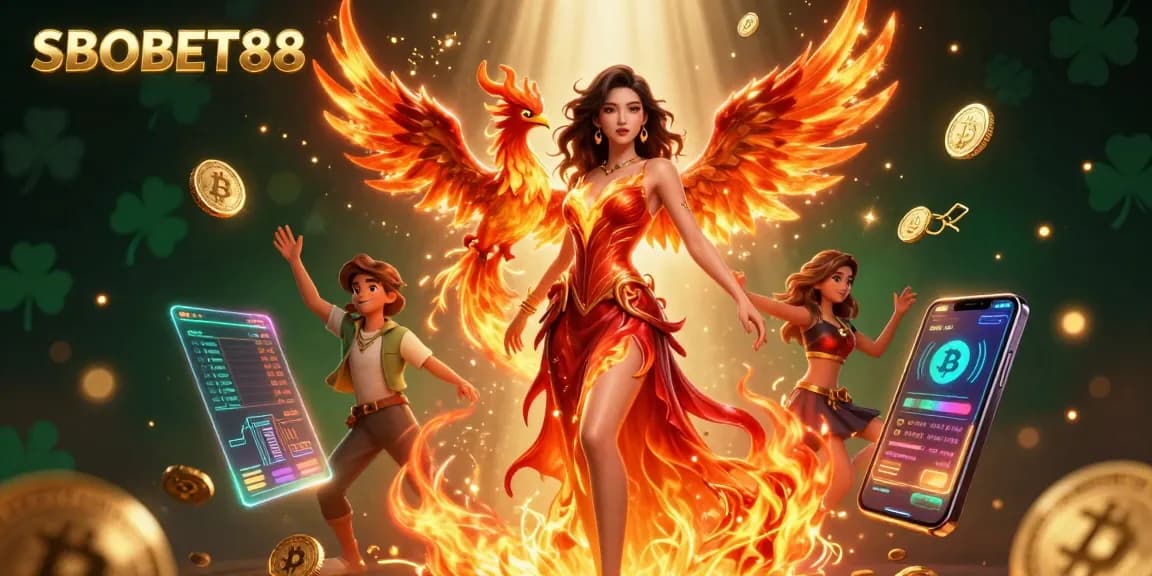 SBOBET88 sports betting illustration featuring a stunning woman and a phoenix in a visually rich casino setting.