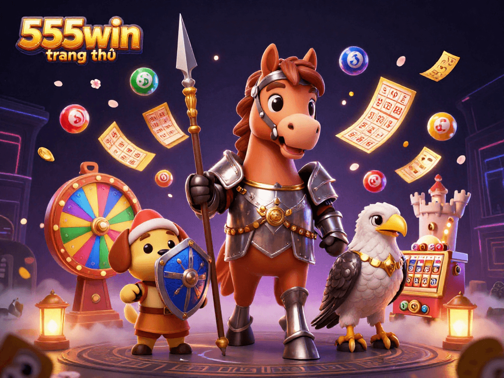 Engage with 555win trang chủ in a vibrant 3D gambling experience highlighting various fun elements.