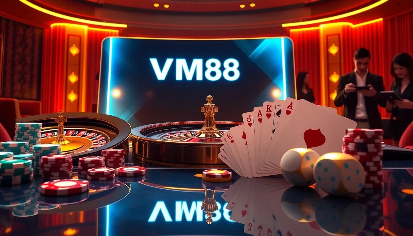 VM88 showcasing a professional online casino interface with vibrant poker chips and spinning roulette wheel