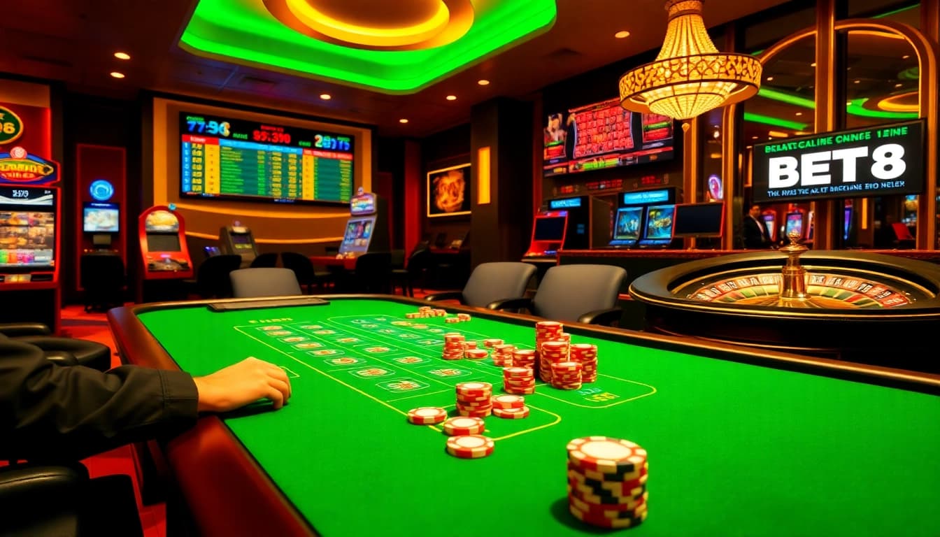 BET88 online casino with vibrant tables, poker chips, and live betting interface.