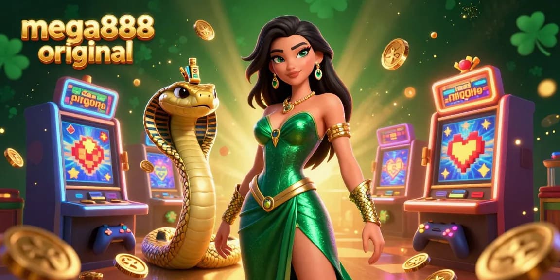 Mega888 original immerses players in CGI casino magic, showcasing a captivating woman in emerald with gold accents.