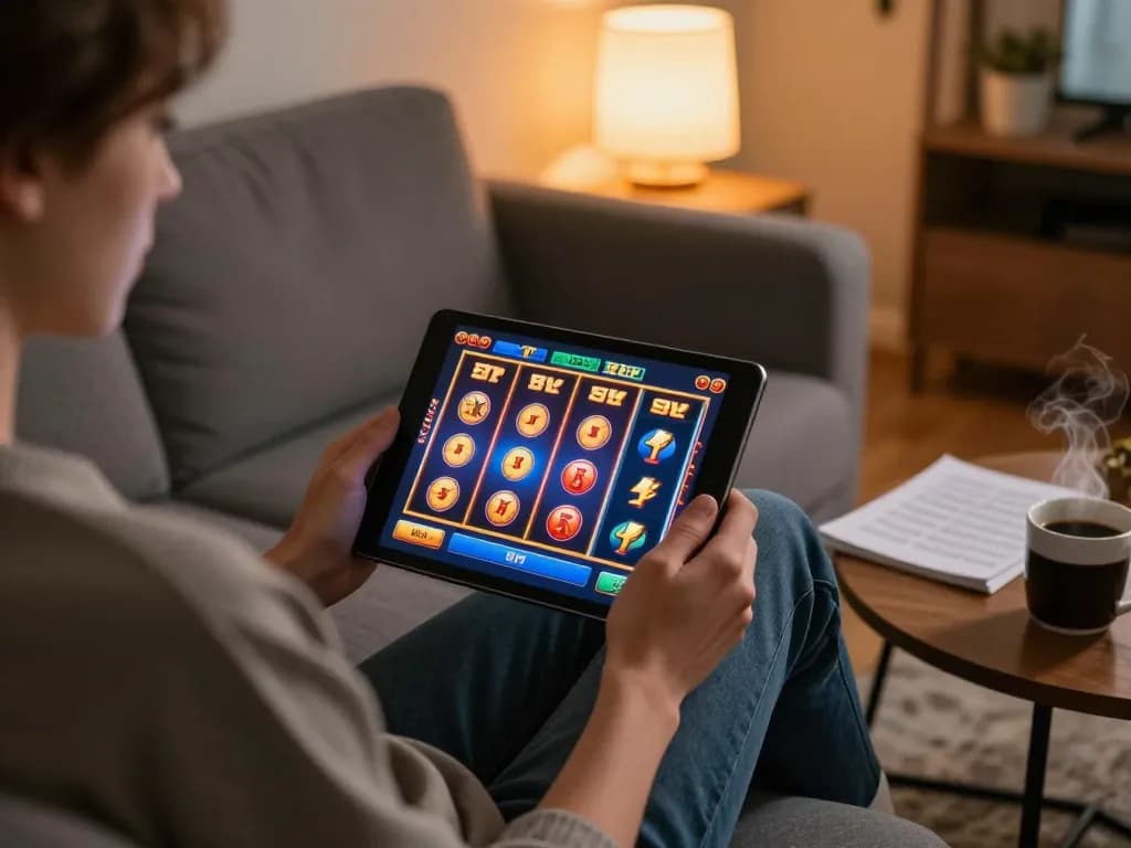 Engaged player enjoying slot online games on a tablet in a cozy home setting