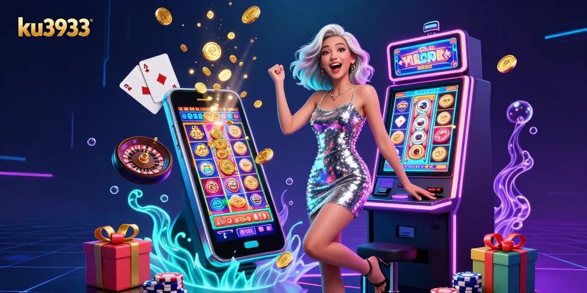 Celebrate your win at ku3933 with a stunning jackpot scene featuring neon lights and dynamic casino elements.