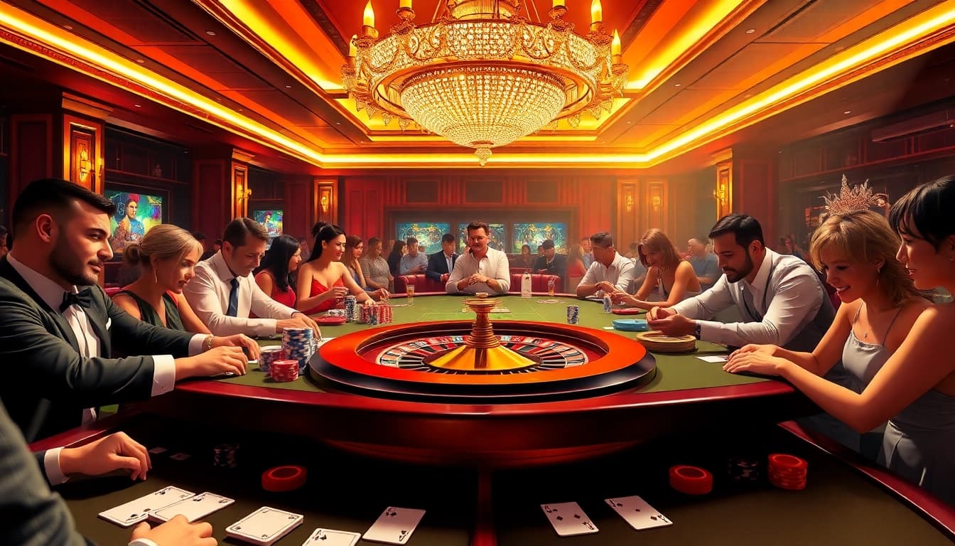 Players engaging in high-stakes games at a luxurious คาสิโนออนไลน์เว็บตรงในประเทศไทย gaming table with vibrant poker chips.