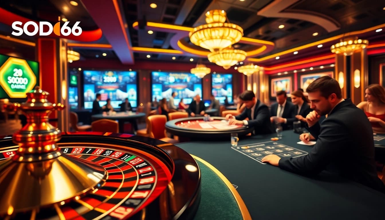 Experience thrilling gameplay at SODO66 with poker chips and roulette wheels in action.