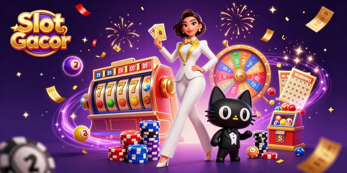 Engage with Slot Gacor, featuring a glamorous woman and a cat amidst vibrant casino elements.