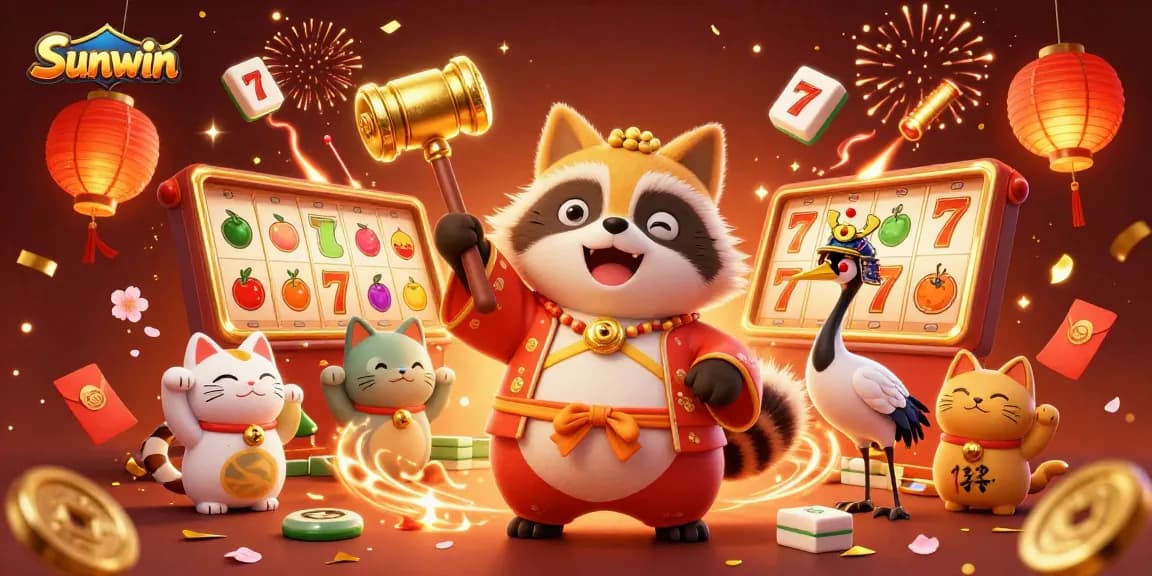 Experience thrilling gameplay with Sunwin as colorful characters celebrate amidst dynamic slot reels and festive decorations.