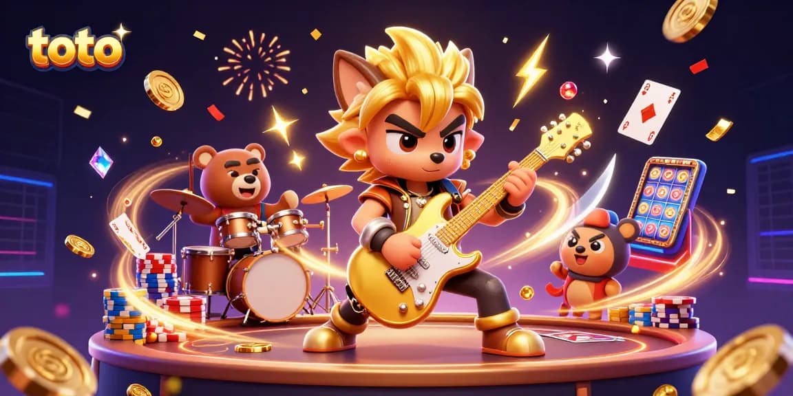 Experience the excitement of toto through a lively 3D casino illustration featuring vibrant characters and dynamic game elements.