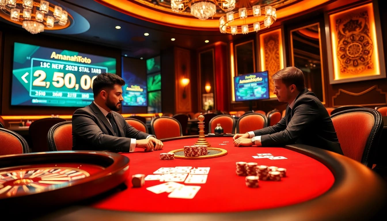 Experience thrilling gameplay at amanahtoto's vibrant casino, featuring poker tables and roulette wheels.