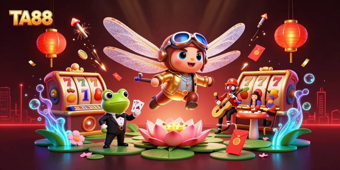 Engage in thrilling gaming adventures at TA88, with vibrant scenes of a lily pad casino and exciting characters.