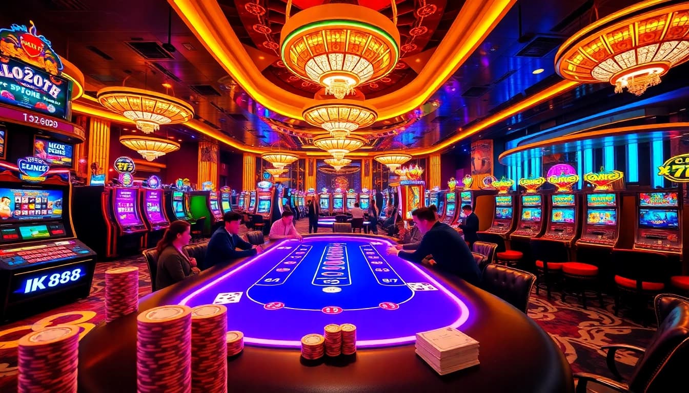 Engaging players at the NK888 poker table in an upscale casino atmosphere.
