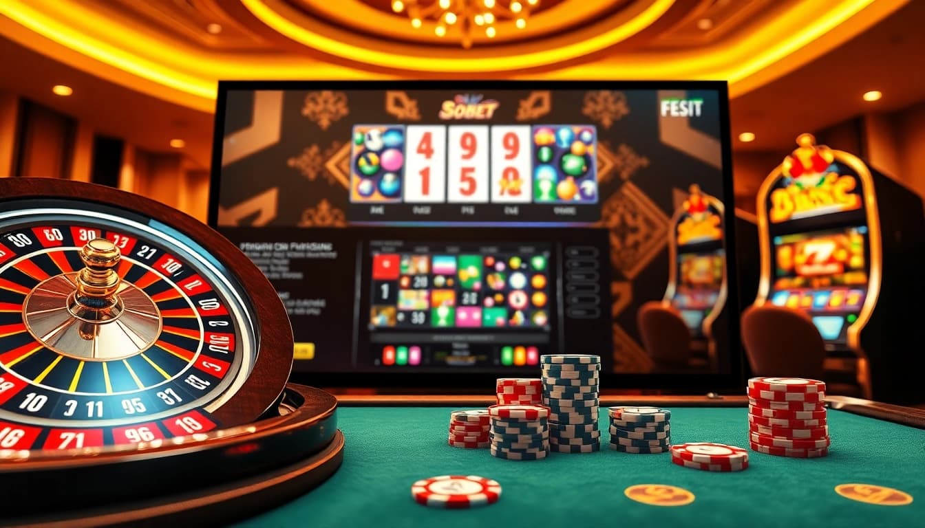 Sbobet login Indonesia on a luxurious online gambling interface with vibrant slots and roulette.