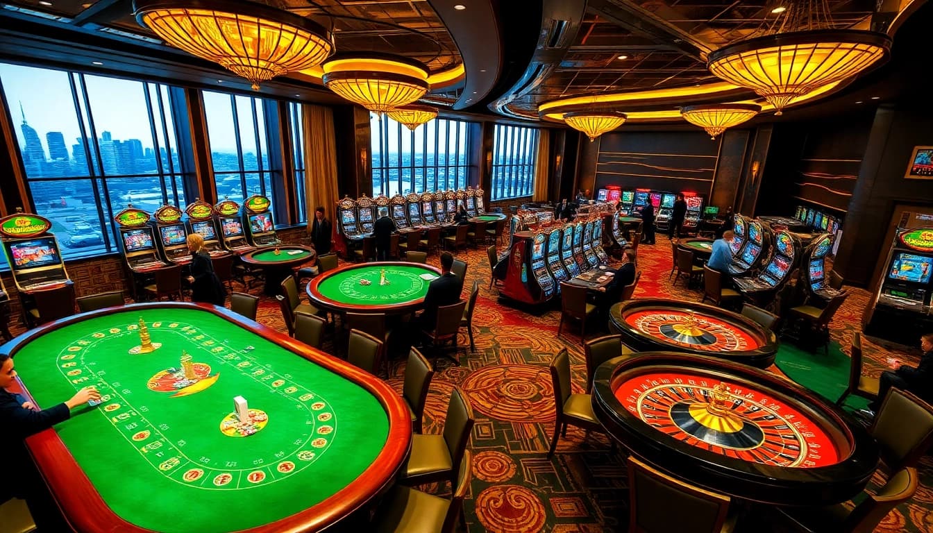 Exciting SODO casino action with players at poker tables and roulette wheels amidst luxurious decor.