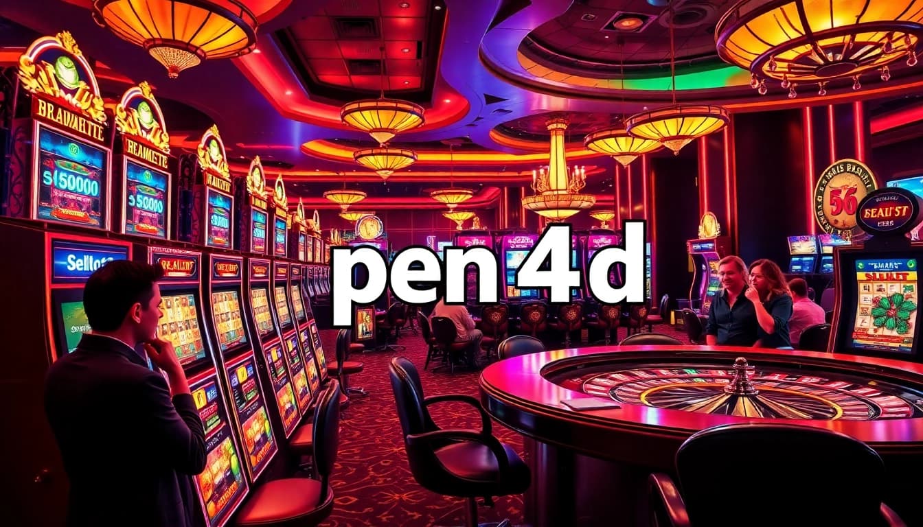 Gamblers winning with pen 4d strategies at a lively casino slot machine area.