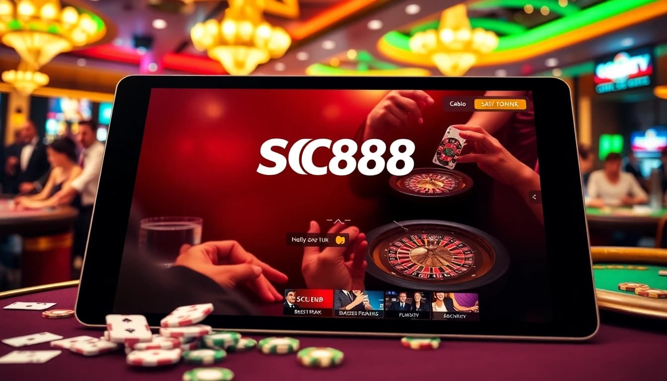 Players engage with the SC88 online platform amidst a luxurious casino ambiance with vibrant tables and excitement.
