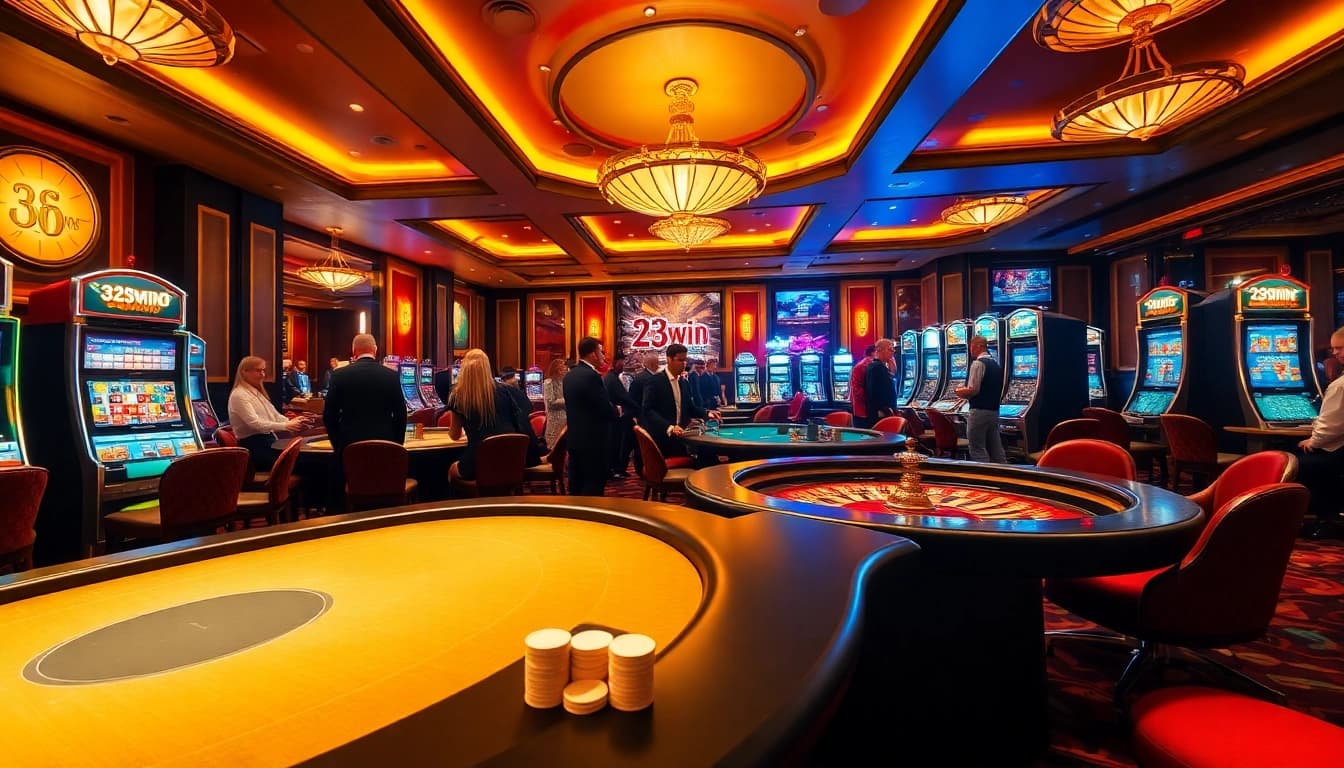 Experience the excitement of 23win with players at a luxurious casino table surrounded by vibrant games.