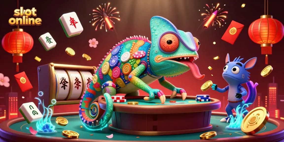 Engage with slot online excitement as a colorful chameleon chomps coins amidst festive casino elements.