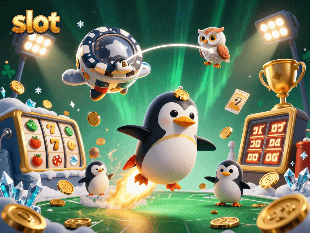 Experience thrilling slot adventures with a golden penguin soaring toward a casino space station.