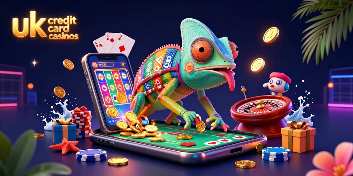 Play at uk credit card casinos with a vibrant 3D casino illustration featuring a chameleon owner and dynamic gaming elements.