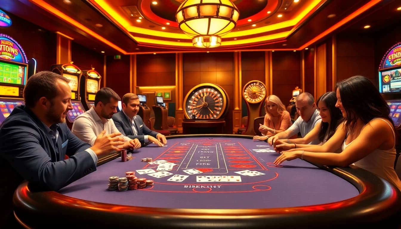Play IDNSlot at a luxurious casino with vibrant gaming tables and exciting atmosphere.