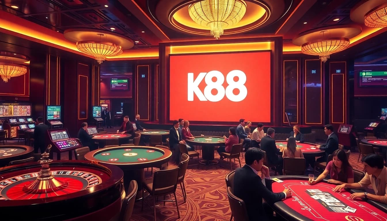 K88 casino scene showcasing poker tables and roulette wheels filled with enthusiastic players in a luxurious setting.