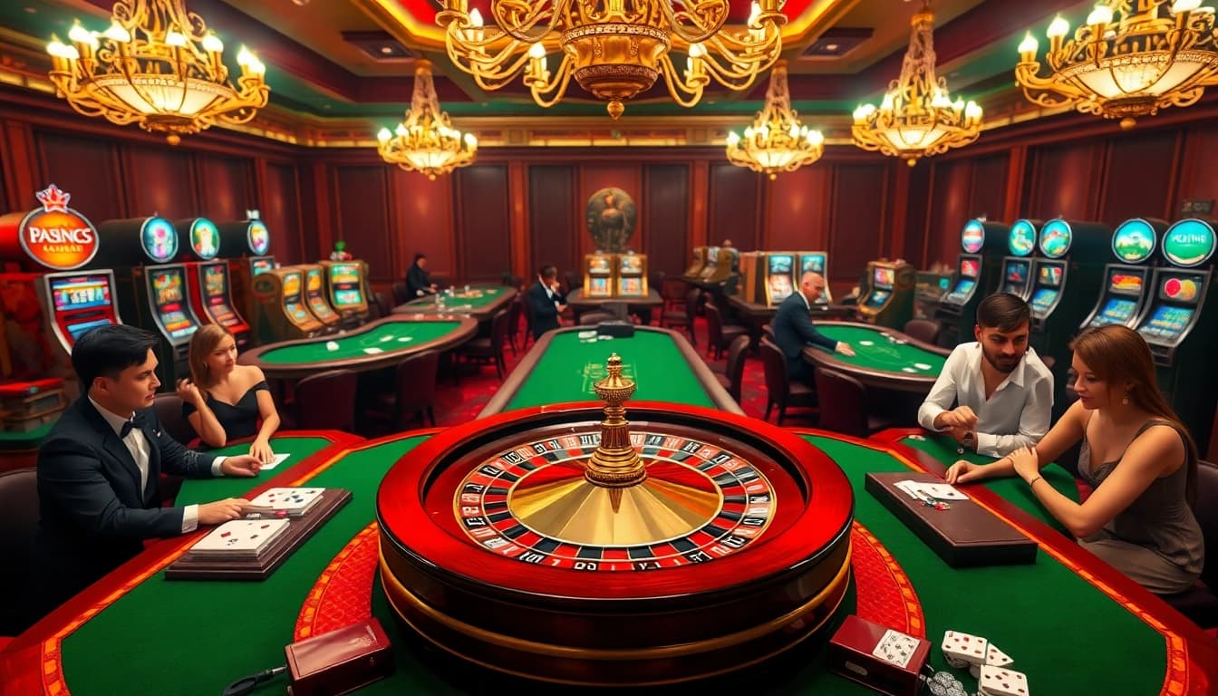 Engage with the thrill of casino games at https://da88st.com/ amid vibrant roulette and poker tables.