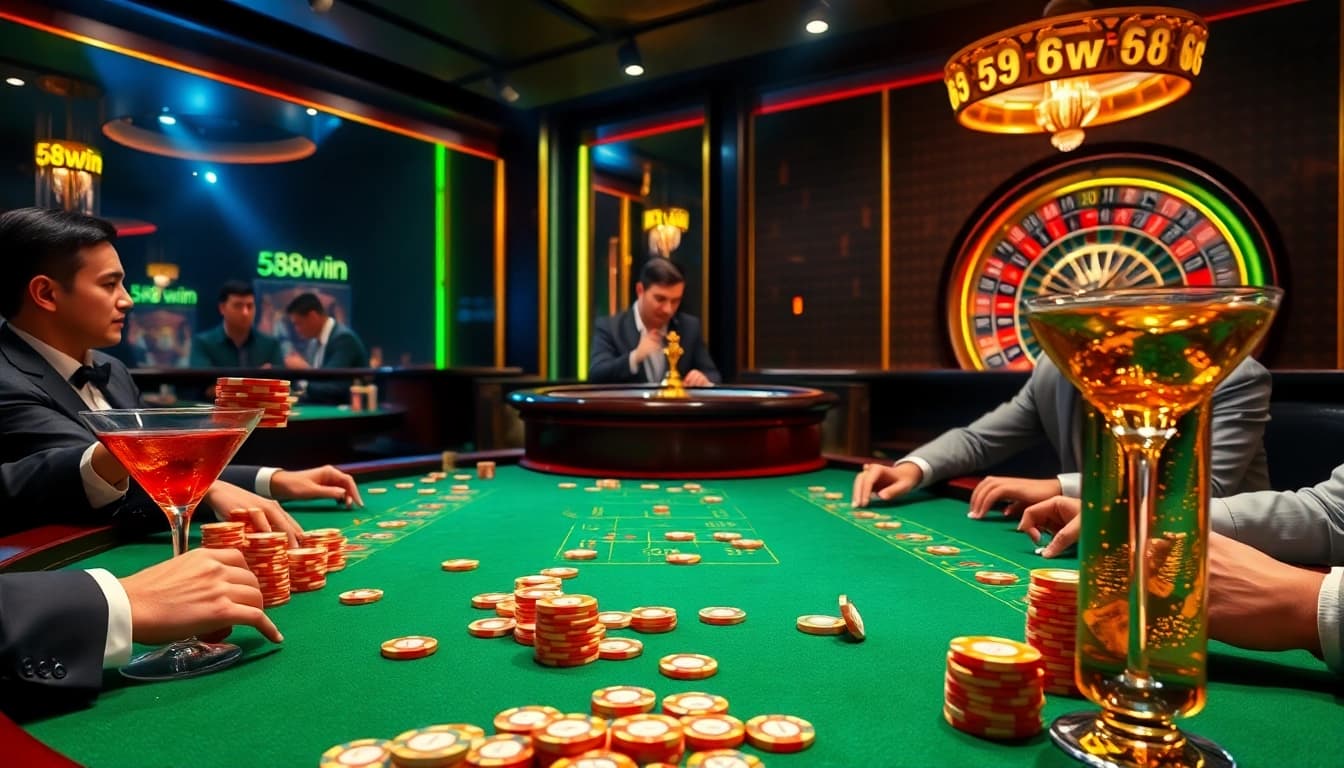 Players enjoying high-stakes poker at 58win’s luxurious casino.