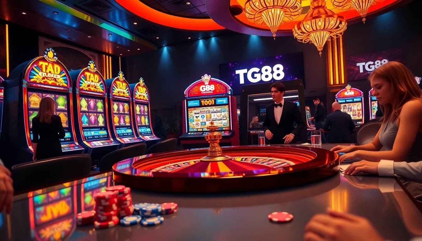 Experience the vibrant excitement of tg88.com with a captivating casino scene featuring colorful slot machines and eager players.