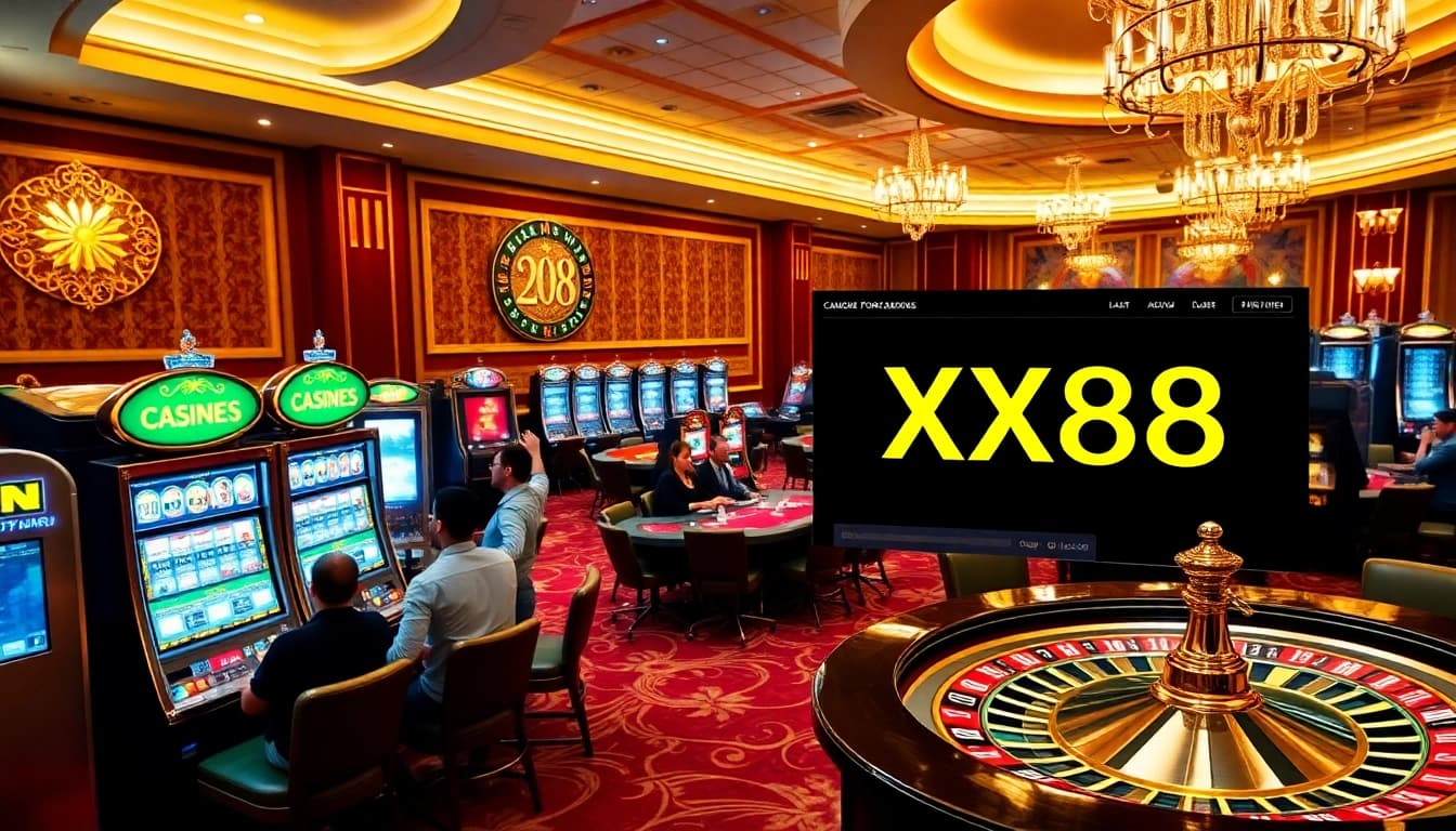 Action-packed gaming experience at XX88 casino with thrilling players and luxurious tables.