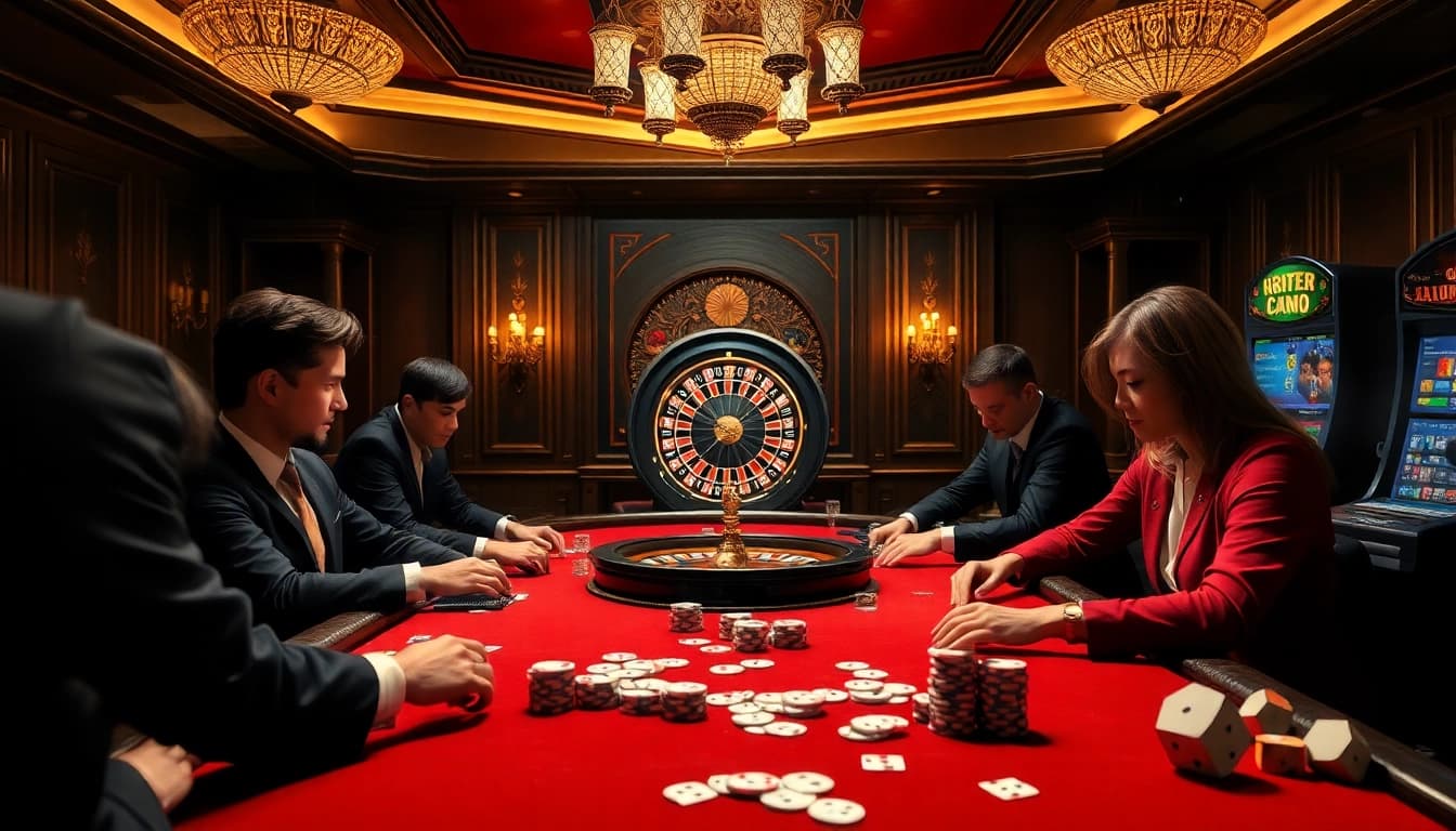 Engage with exciting gameplay at https://thabet1.net/ featuring a vibrant casino scene with poker and roulette elements.