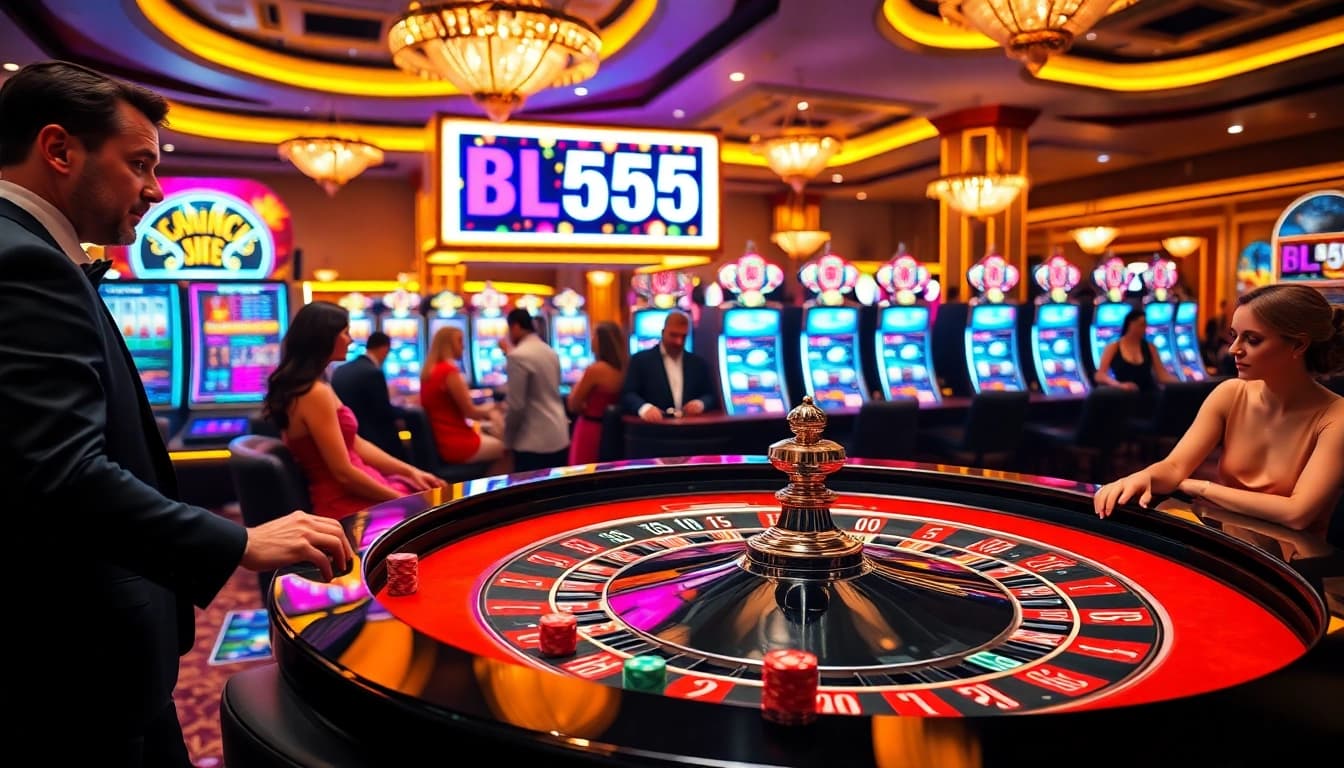 Players engaging in a thrilling casino game scene at BL555 with roulette and vibrant chips.