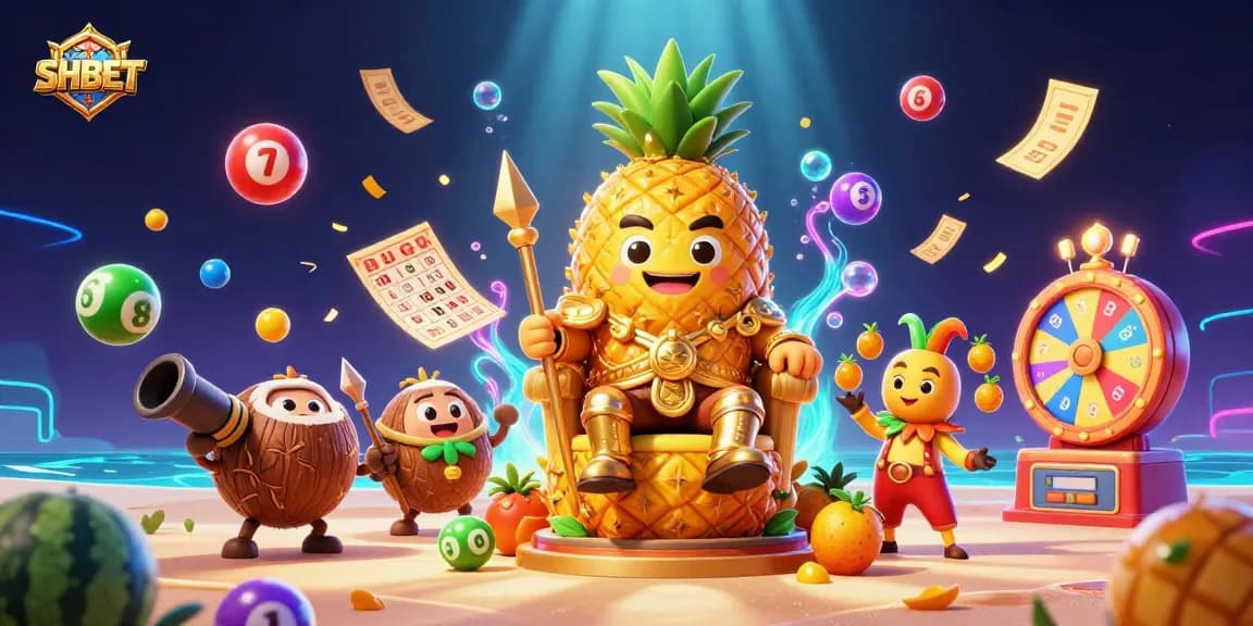 Experience vibrant SHBET gaming with a golden pineapple king in this dynamic casino scene.
