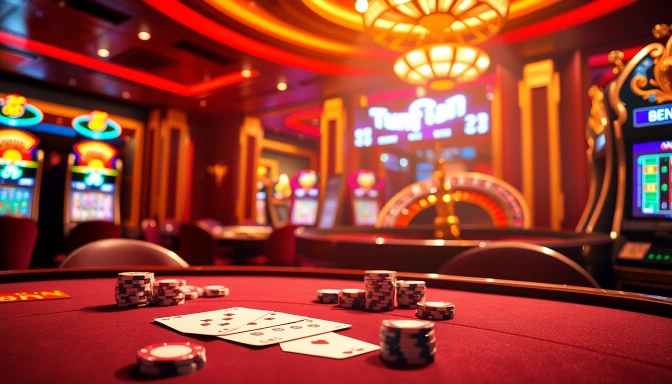 Players enjoy high-stakes action at 88nn's luxurious casino, featuring cards, chips, and slot machines.