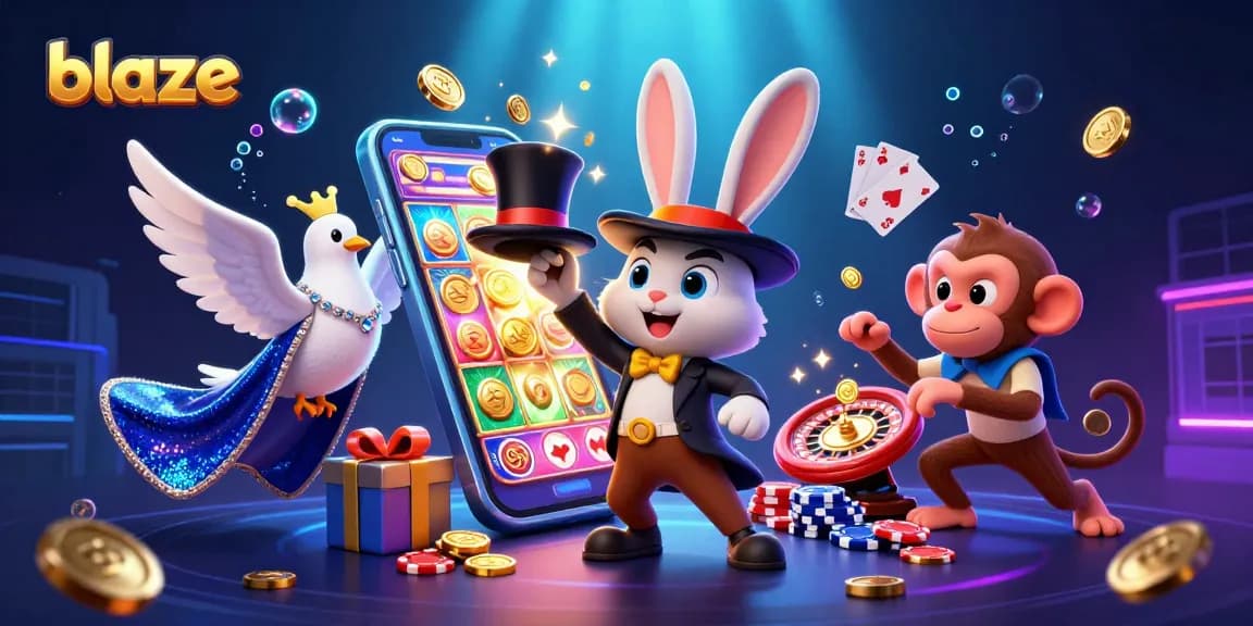 Engage in thrilling casino adventures with blaze, featuring a magician rabbit, dove, and monkey amidst vibrant game elements.