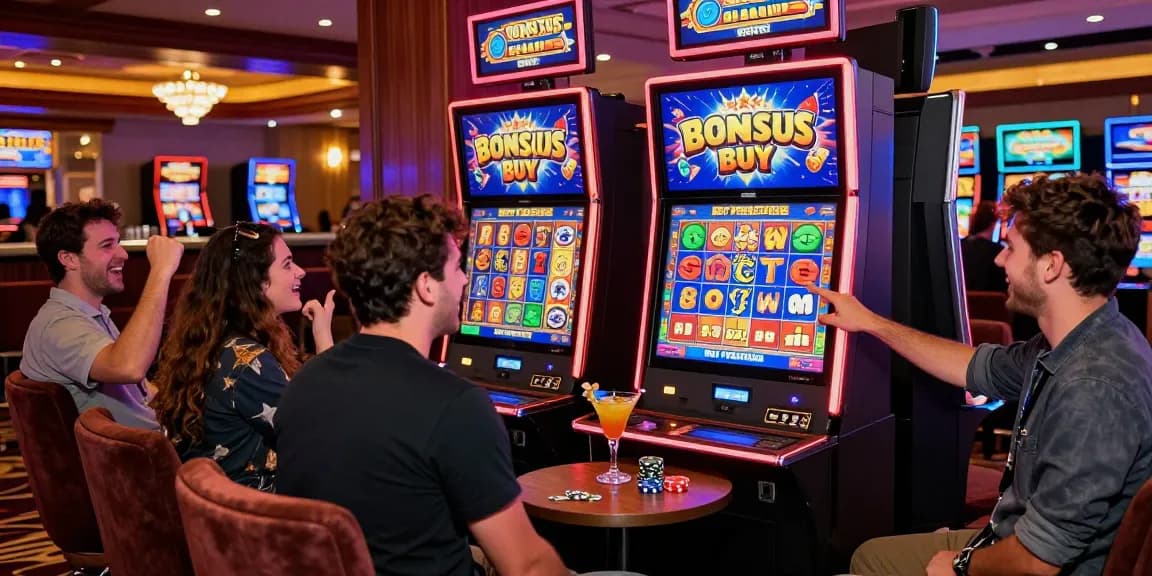 Engaged players at a Bonus Buy slot machine at https://bbsfieldguide.org.uk/, showcasing vibrant casino ambiance with excitement.