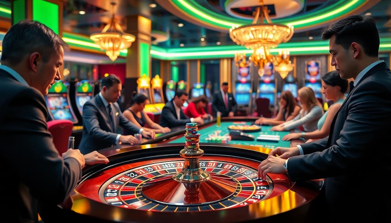 Experience thrilling gameplay at https://j88.gives/ with exciting casino elements like roulette, chips, and eager players.