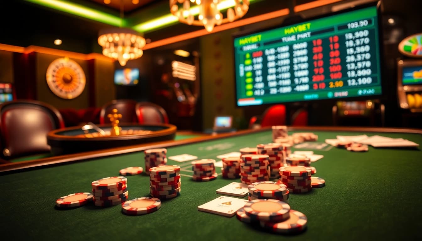 A thrilling casino atmosphere featuring HAYBET branding on poker tables with vibrant chips and cards.