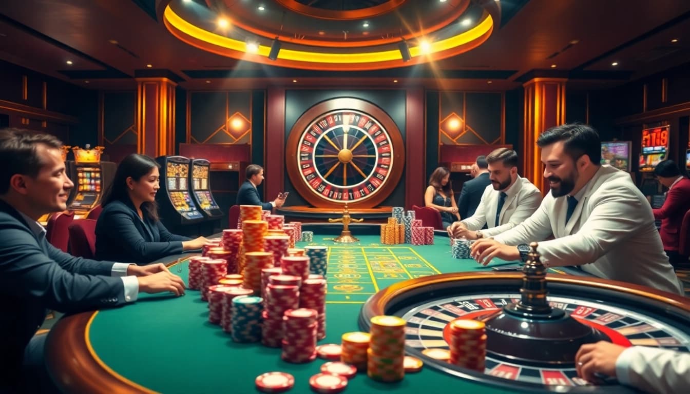 Exciting poker action at i9bet casino with colorful chips and vibrant atmosphere.