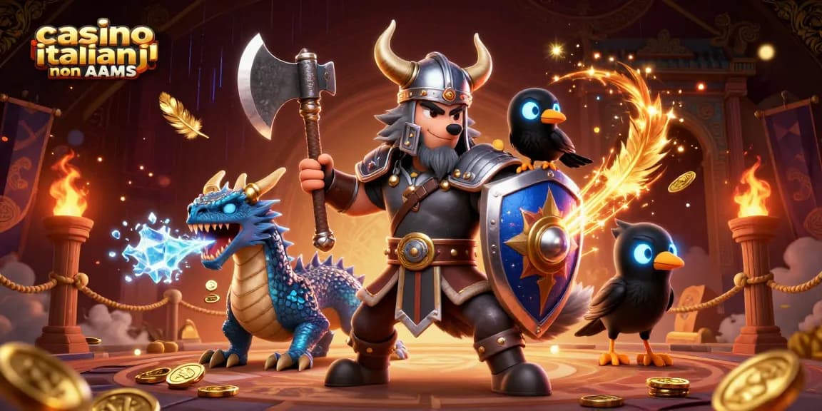 Interagisci con i casino italiani non AAMS in un'illustrazione vivace in 3D che mostra un guerriero vichingo, un drago feroce e simboli animati.