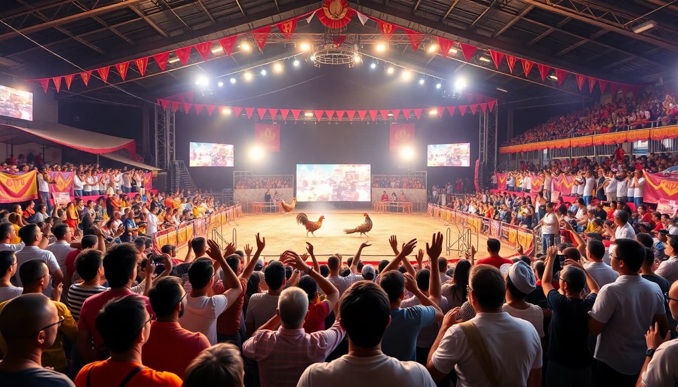 Experience intense dagatructiep action at a vibrant live cockfight event, showcasing thrilling competition and community engagement.