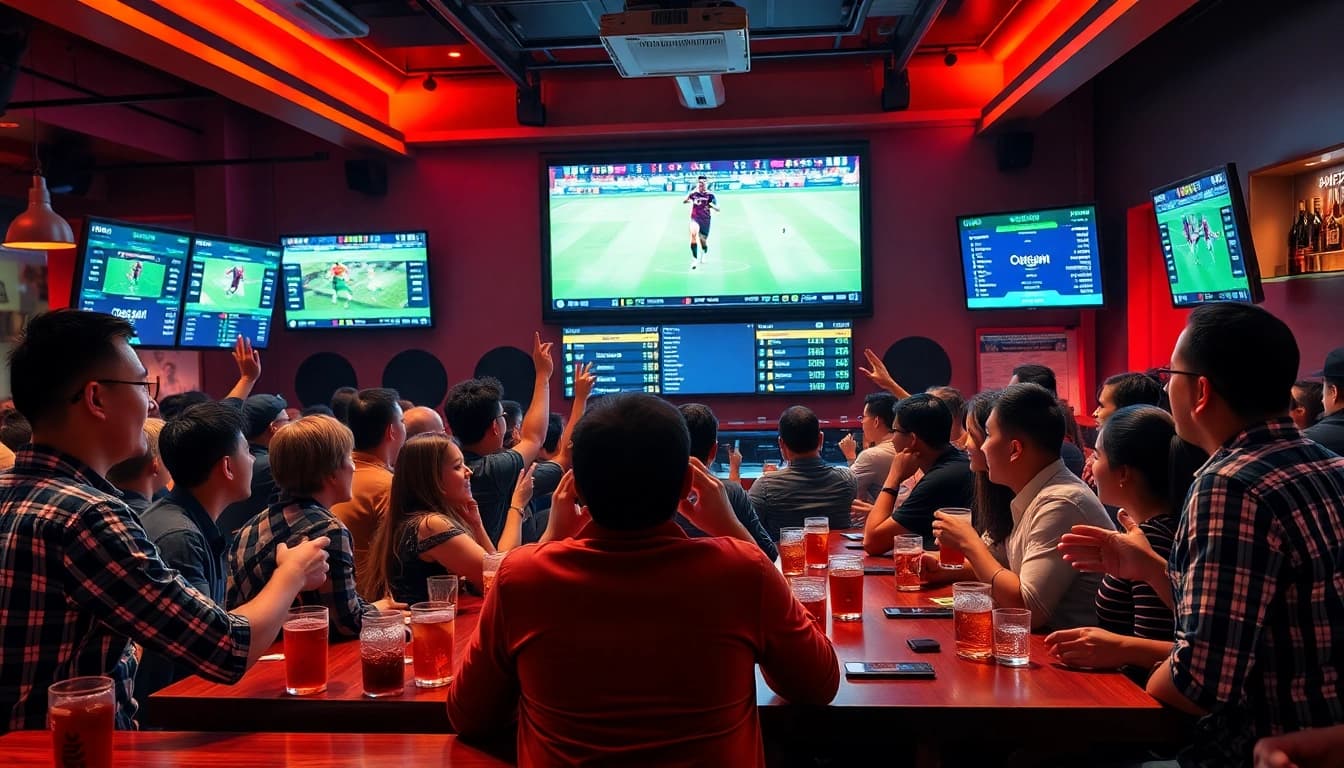 Exciting kèo nhà cái betting scene in a lively sports bar ambiance.