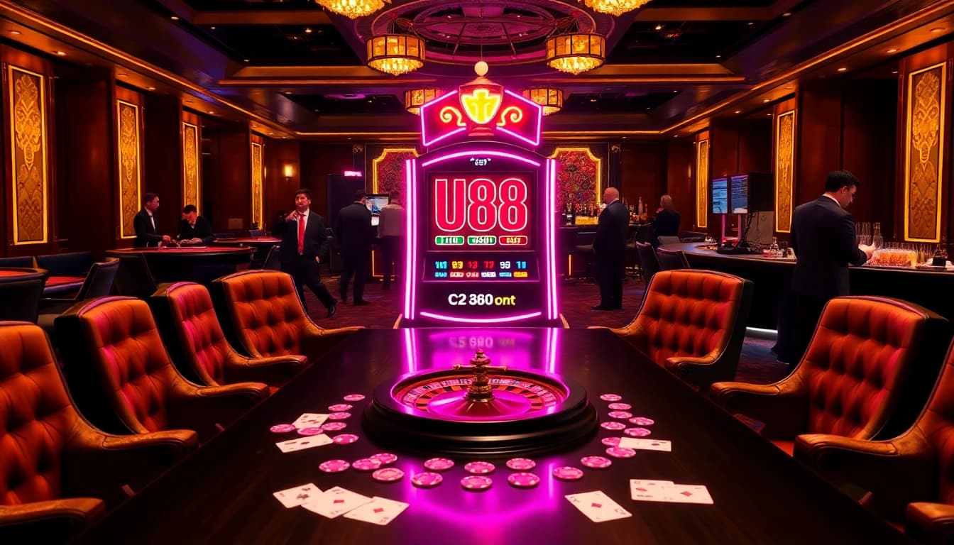 Exciting scene with players at the U88 slot machine, showcasing vibrant gaming action at a luxury casino.