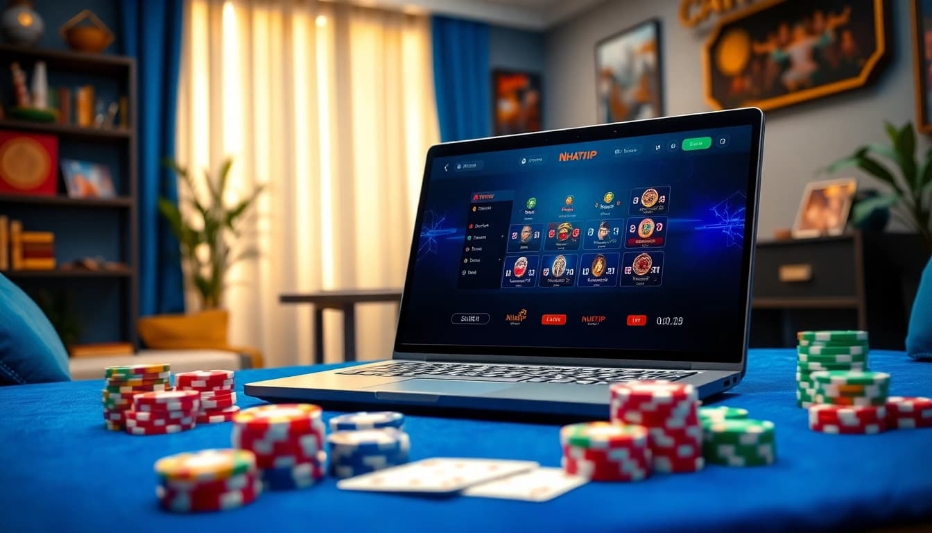 Cổng game Nhatvip interface displayed on a sleek laptop with casino chips and cards.