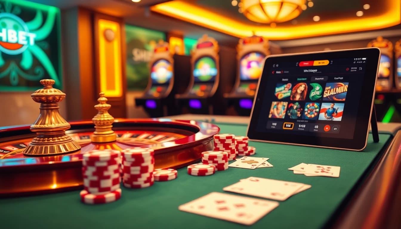 Experience thrilling moments at SHBET through vibrant casino visuals featuring poker chips and tables.