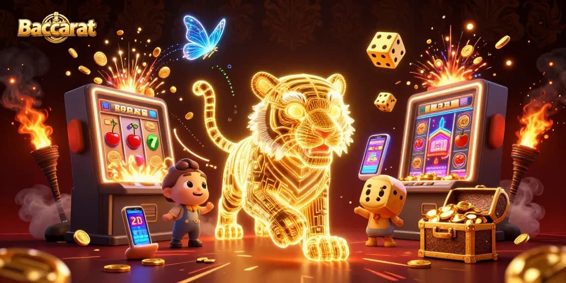 Baccarat players enjoying a thrilling casino experience with a neon tiger and vibrant slot elements.