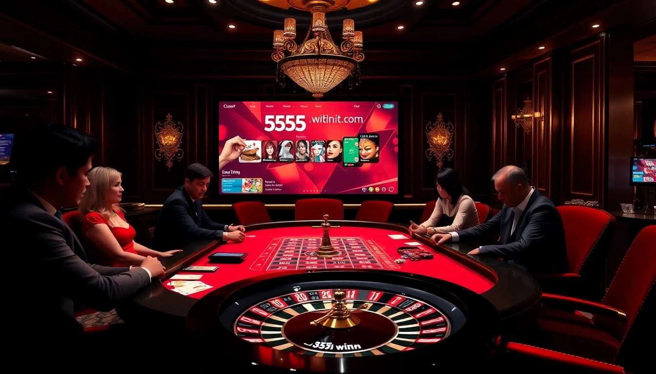 Exciting poker game at 555win1.it.com casino with vibrant chips and cards.