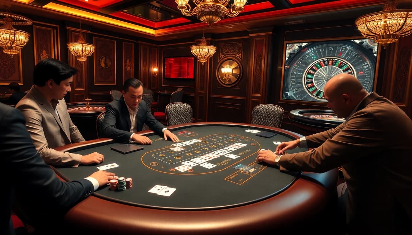 Intense blackjack game showcasing 98win vin strategies, with players and luxurious casino elements.