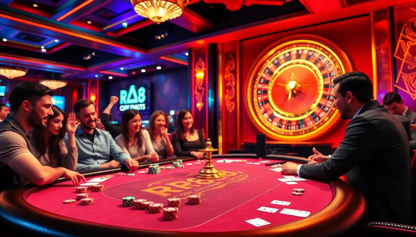 Players enjoying a thrilling game at the RR88 casino table with vibrant poker chips.