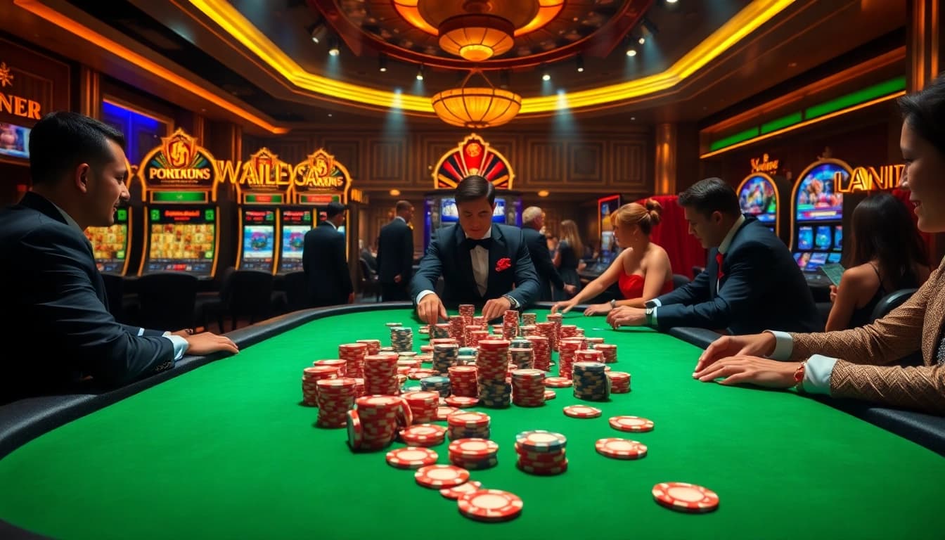 Engage in high-stakes poker action at https://kjc.ad/ featuring vibrant chips and luxury gaming tables.